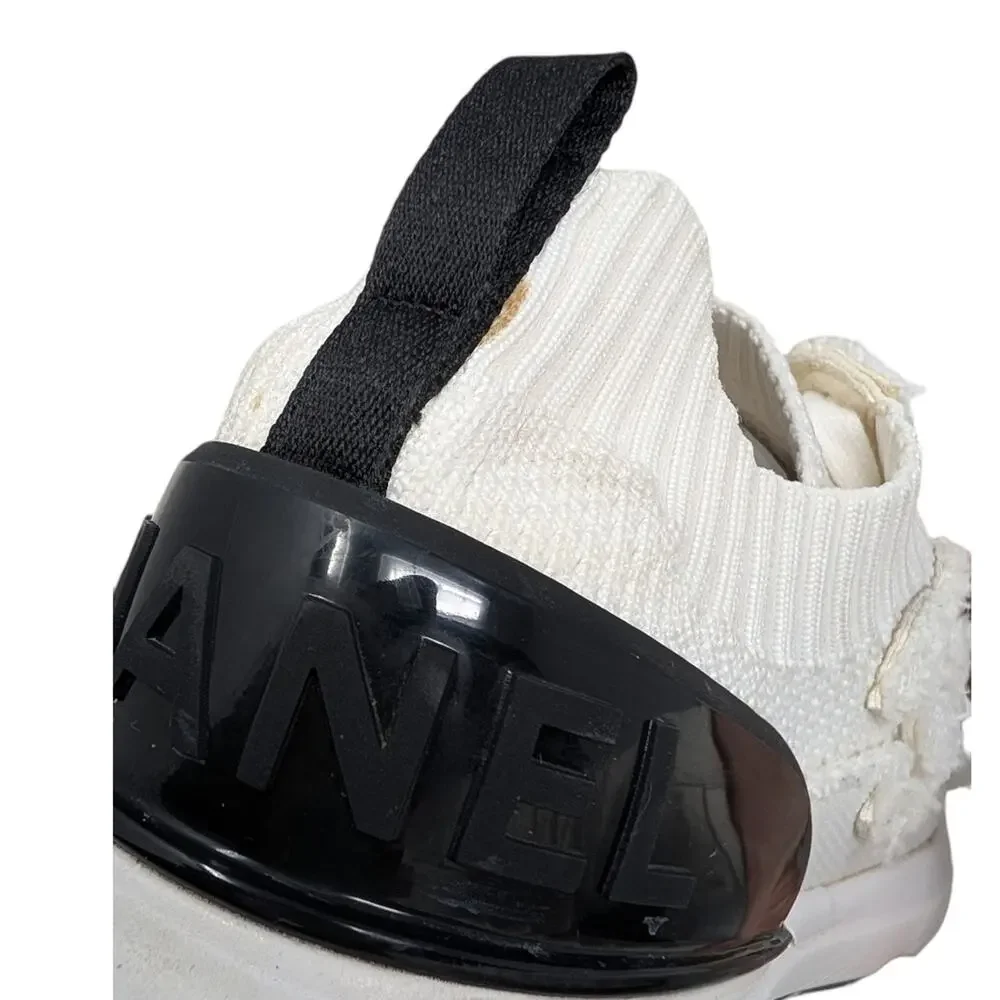 Chanel 2021 CC Logo Knit Sneakers Slip On White Black Athletic 39.5 | 9 | 8.5